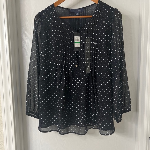 Tommy Hilfiger Dot Keyhole Blouse in Navy Size Large - Picture 4 of 8